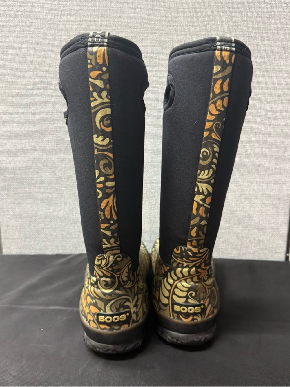 Bogs Black Tall Rain Boots with Olive and Gold Scroll Design - Picture 5 of 11